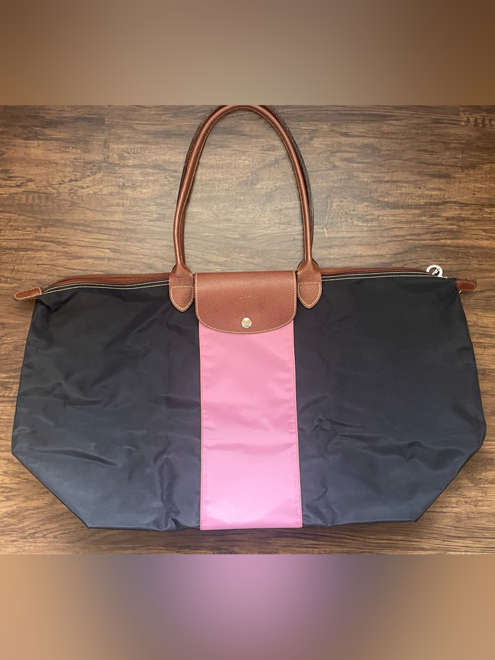 Longchamp Nylon Tote in Black with Pink Center Stripe and Brown Leather Strap